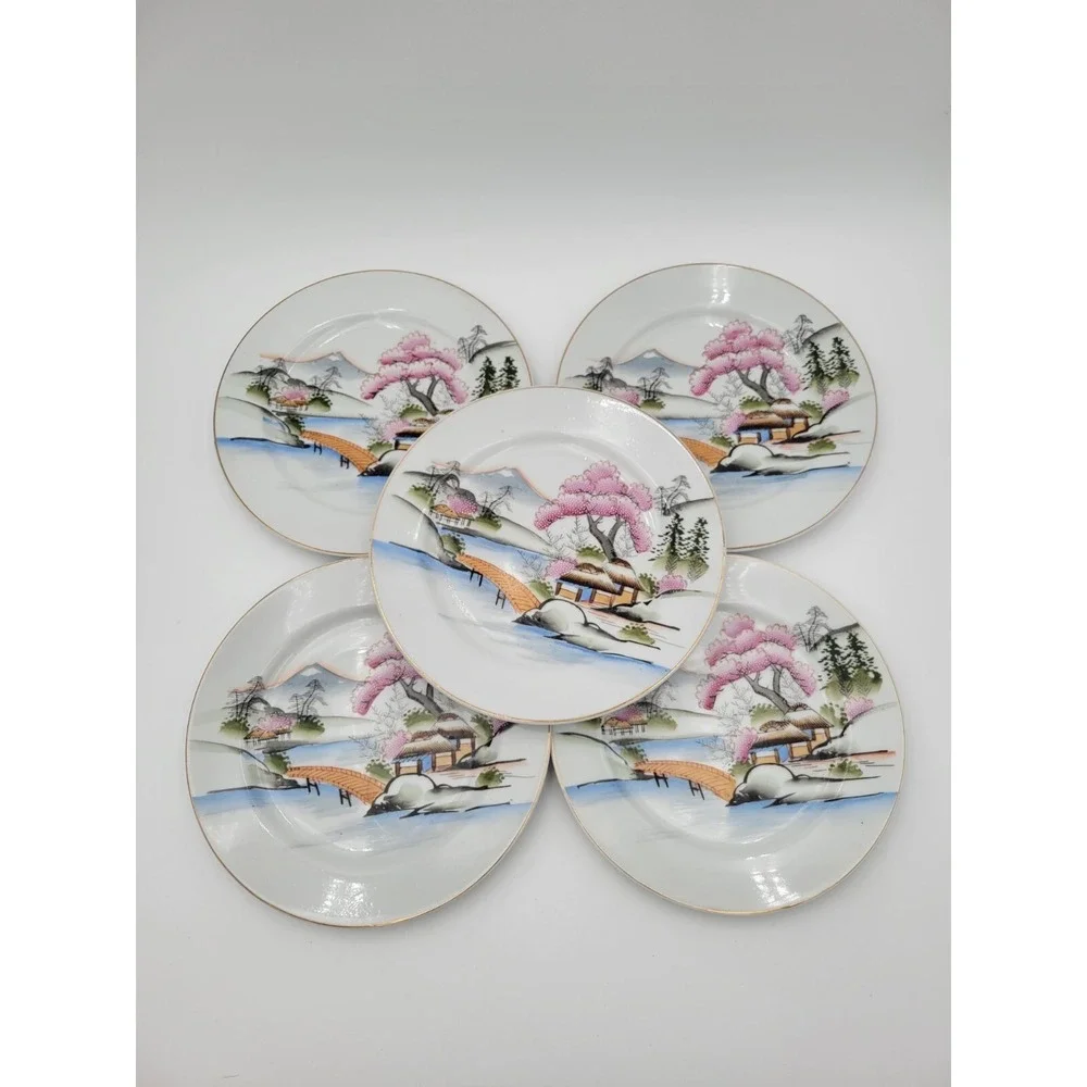 Set of 5 Vintage Kutani Japan KUT21 salad plates pink textured trees bridge gold